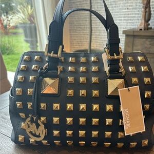 Michael Kors Navy Blue and Gold Pyramid Stud Satchel